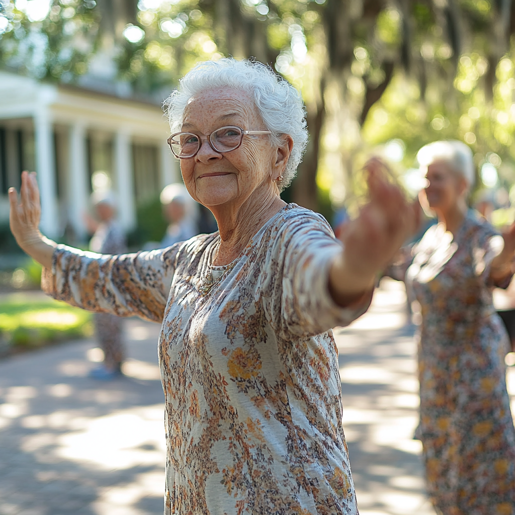 Group of seniors enjoying a walking exercise together